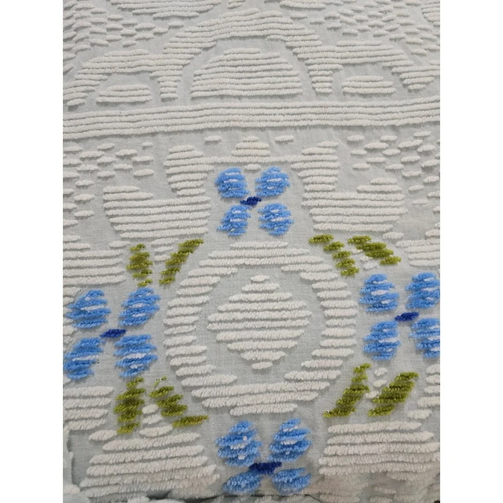 Vintage White Chenille Bedspread Blue Floral Popcorn Tufted Fringe 90x100